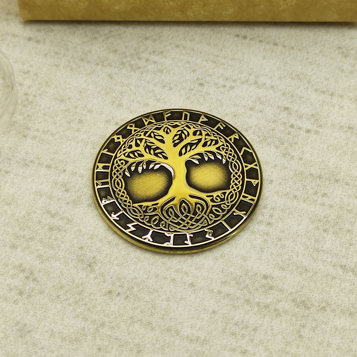 Brass Coin "Tree of Life (Yggdrasil)" with Custom Engraving – Norse Symbol of Strength, Harmony & Eternity