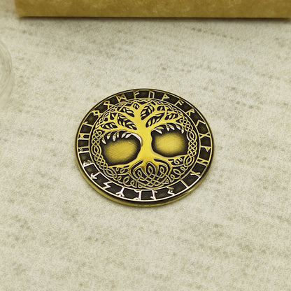 Brass Coin "Tree of Life (Yggdrasil)" with Custom Engraving – Norse Symbol of Strength, Harmony & Eternity