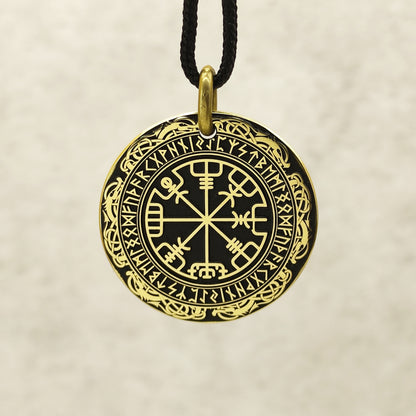 Brass Vegvisir Compass Pendant — Personalized Runic Amulet