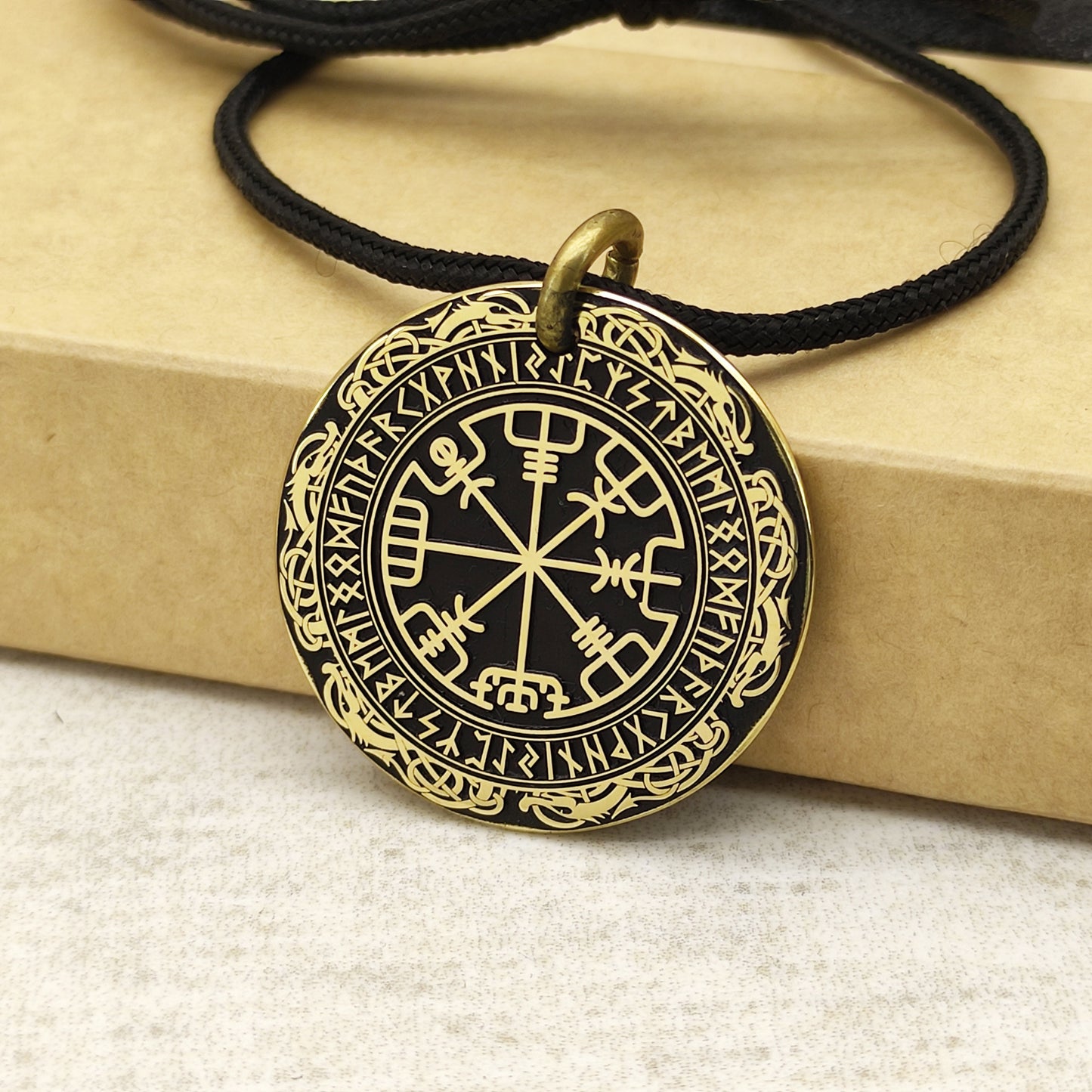 Brass Vegvisir Compass Pendant — Personalized Runic Amulet