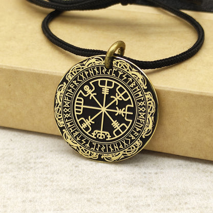 Brass Vegvisir Compass Pendant — Personalized Runic Amulet