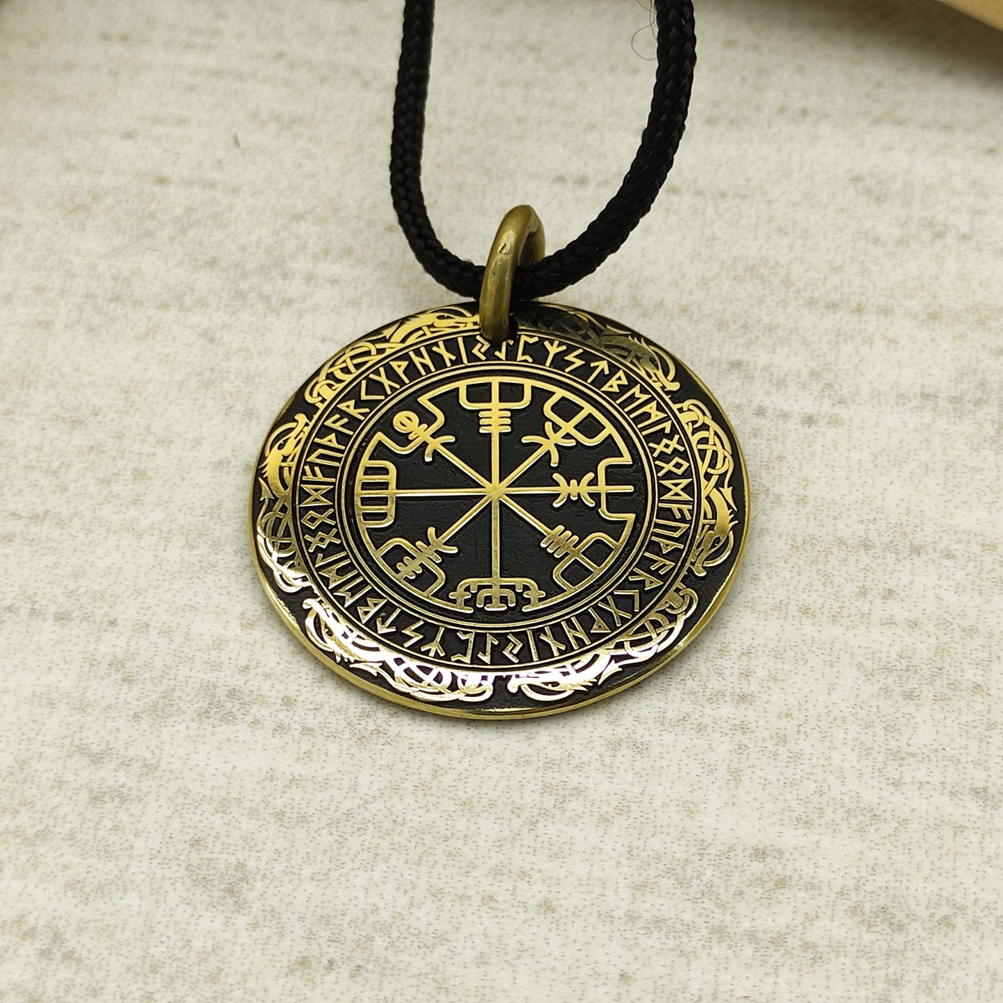 Brass Vegvisir Compass Pendant — Personalized Runic Amulet