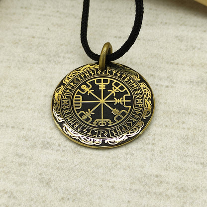 Brass Vegvisir Compass Pendant — Personalized Runic Amulet