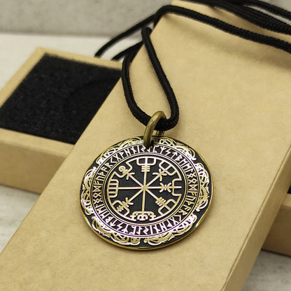 Brass Vegvisir Compass Pendant — Personalized Runic Amulet