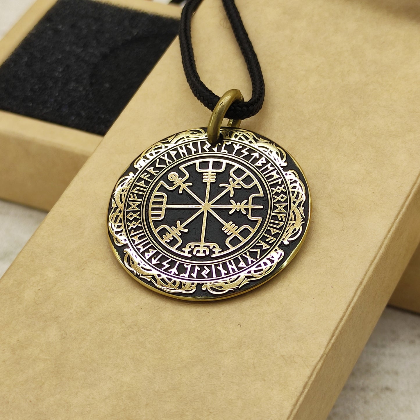 Brass Vegvisir Compass Pendant — Personalized Runic Amulet