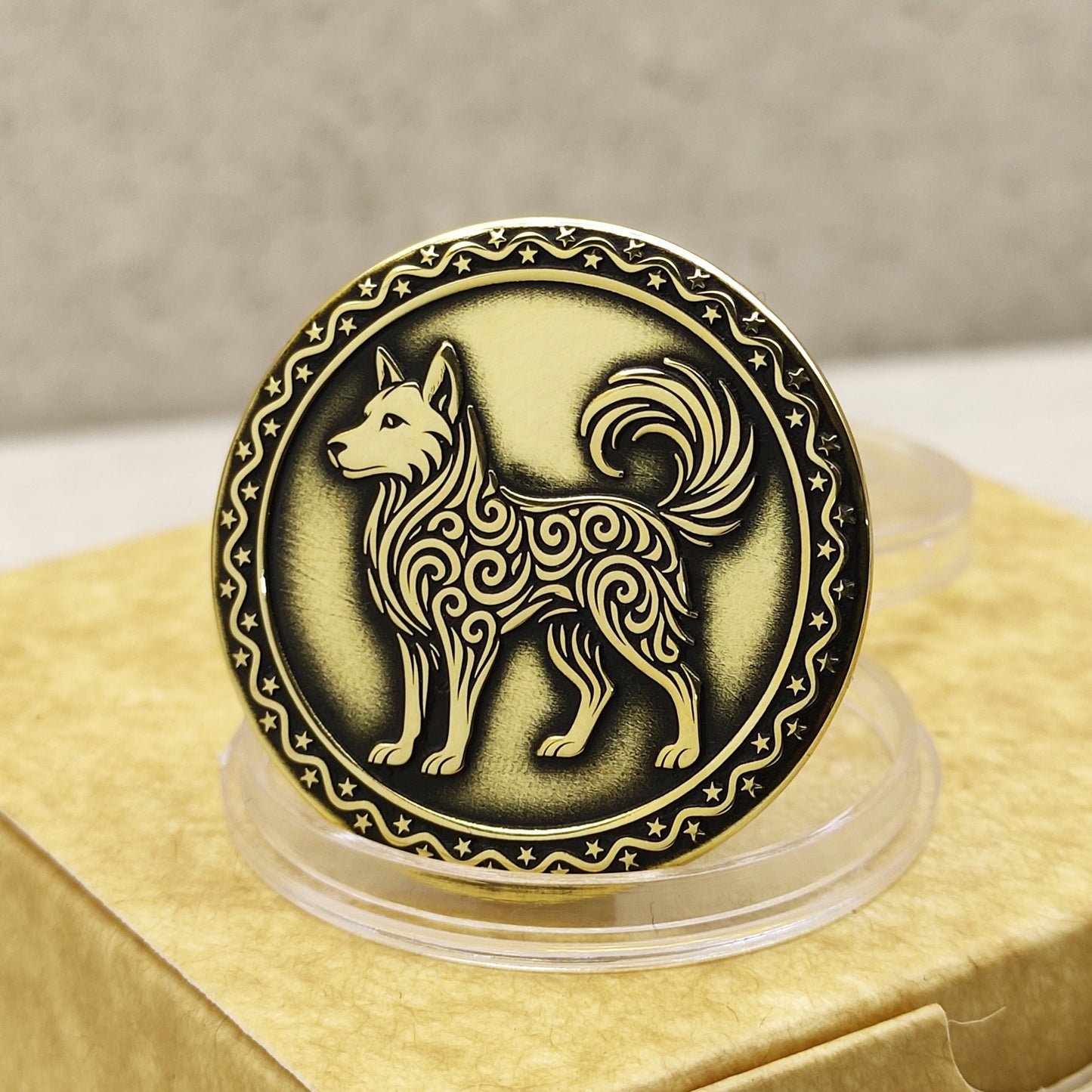 Brass Zodiac Amulet — Dog Sign Coin with Custom Text