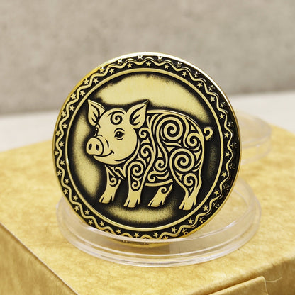 Brass Pig Sign Coin — Eastern Horoscope Collector’s Piece with Custom Text