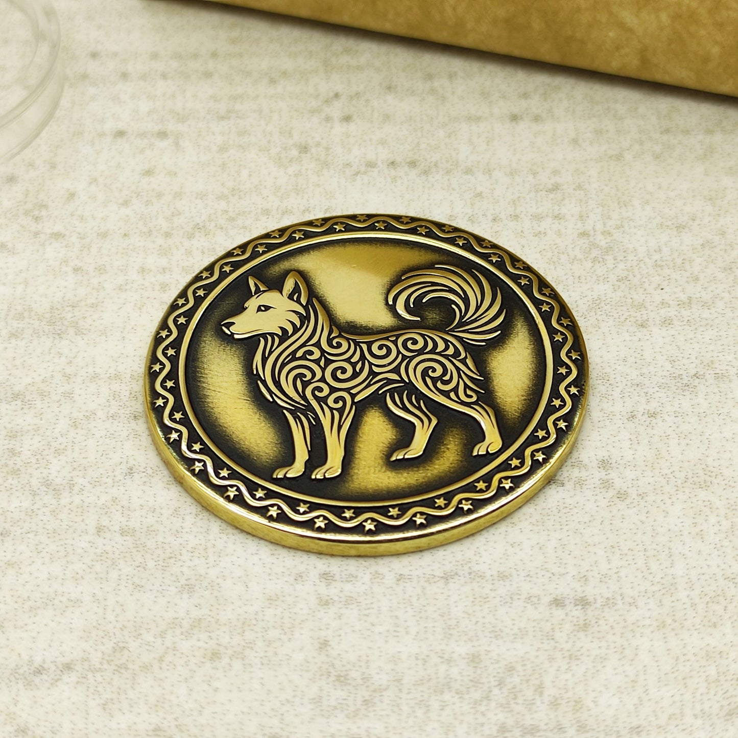 Brass Zodiac Amulet — Dog Sign Coin with Custom Text