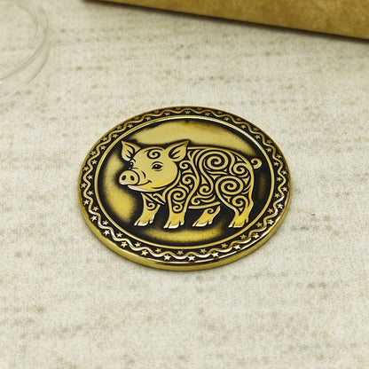 Brass Pig Sign Coin — Eastern Horoscope Collector’s Piece with Custom Text
