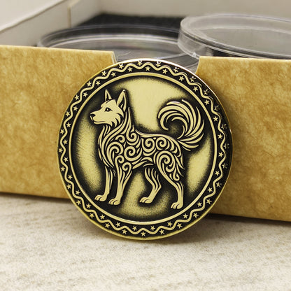 Brass Zodiac Amulet — Dog Sign Coin with Custom Text