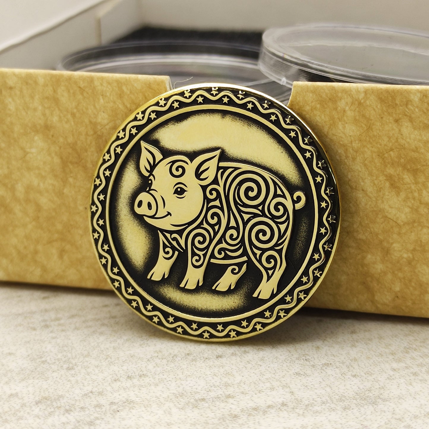 Brass Pig Sign Coin — Eastern Horoscope Collector’s Piece with Custom Text