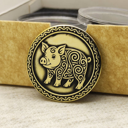 Brass Pig Sign Coin — Eastern Horoscope Collector’s Piece with Custom Text