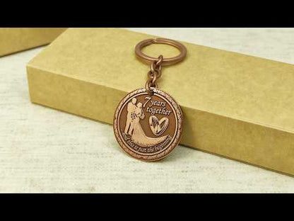 Customized copper anniversary keychain for husband or wife, 7 years together commemorative coin with laser engraving and polished relief.
