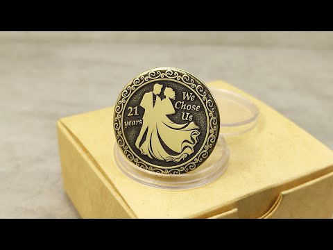 Customized 21 year anniversary brass coin gift in a protective clear capsule and eco-friendly craft box, obverse view.