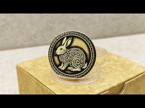 Video showcase of a personalized brass zodiac coin Year of the Rabbit, highlighting the metallic gold-tone texture and high-contrast professional patina.