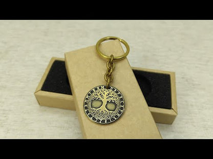 Brass Coin Keychain Tree of Life Yggdrasil – Personalized Gift, Symbol of Harmony and Strength