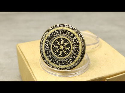Brass Coin "Runic Scandinavian Circle Vegvisir" with Custom Engraving – Viking Compass Amulet of Luck and Protection