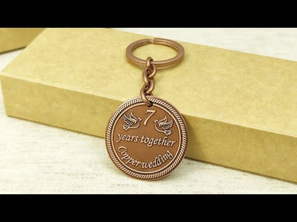 Copper Coin Keychain for 7th Wedding Anniversary with Personalization - 7 Years Together Gift