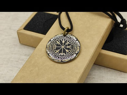 Brass Vegvisir Compass Pendant — Personalized Runic Amulet
