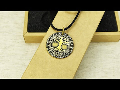 Brass Tree of Life Rune Coin Pendant with Personalization