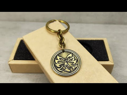 Brass Coin Keychain "Kitsune" - Japanese Mythological Talisman with Engraving and Personalization