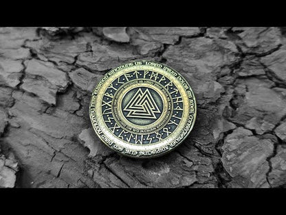Brass Coin "Valknut" with Elder Futhark Runes and Custom Engraving – Norse Amulet of Strength and Courage