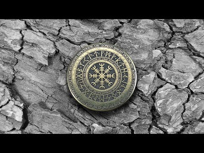 Brass Coin "Runic Scandinavian Circle Vegvisir" with Custom Engraving – Viking Compass Amulet of Luck and Protection