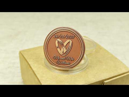 Video showcase of a custom engraved copper anniversary gift coin, highlighting the 32mm diameter, rope border, and professional material quality.
