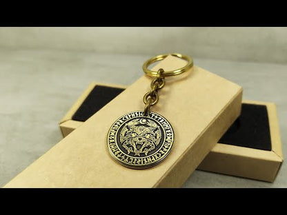 Brass Coin Keychain "Fenrir Wolf" with Personalization — Nordic Gift Talisman